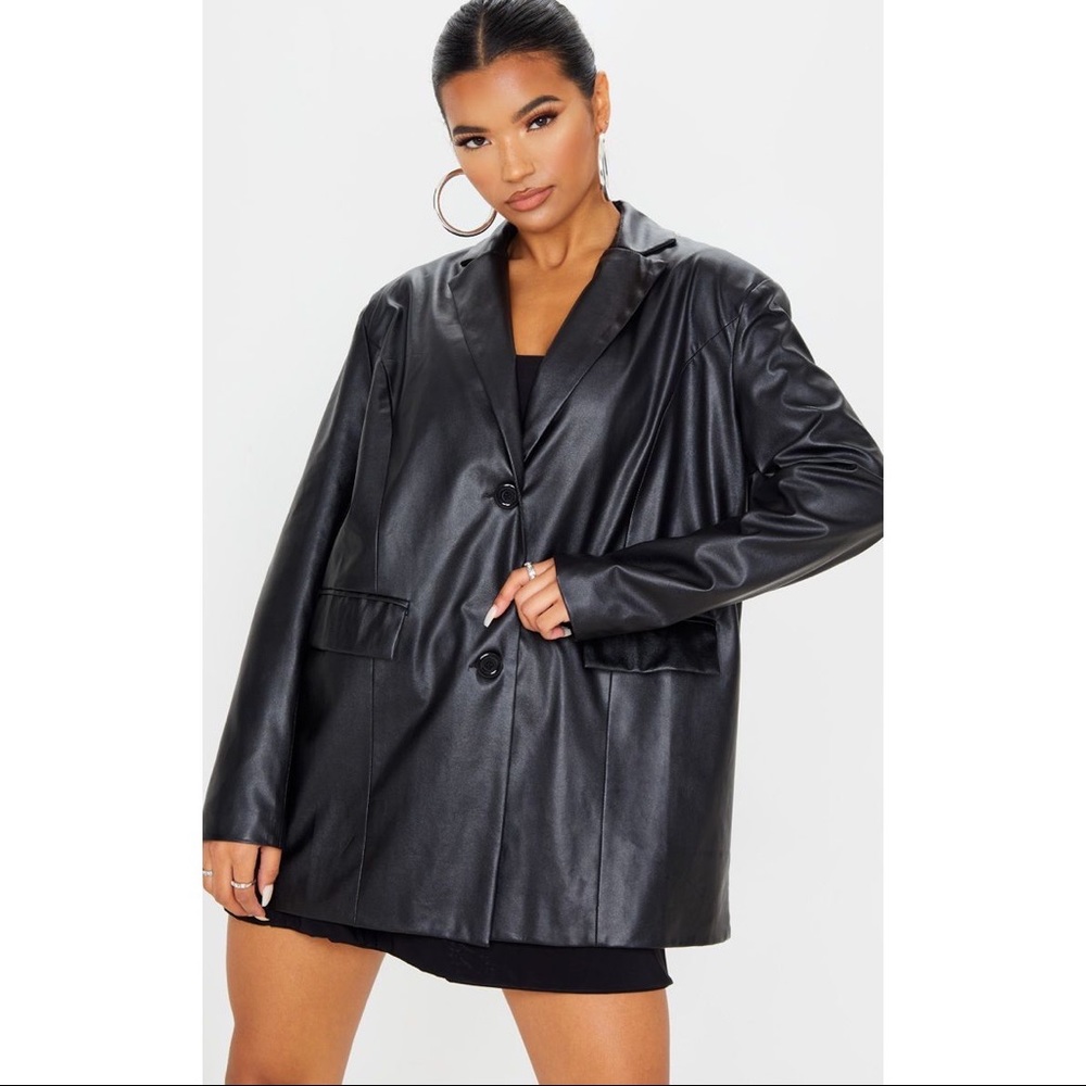Pretty Little Thing Black Faux Leather Oversized Dad Blazer